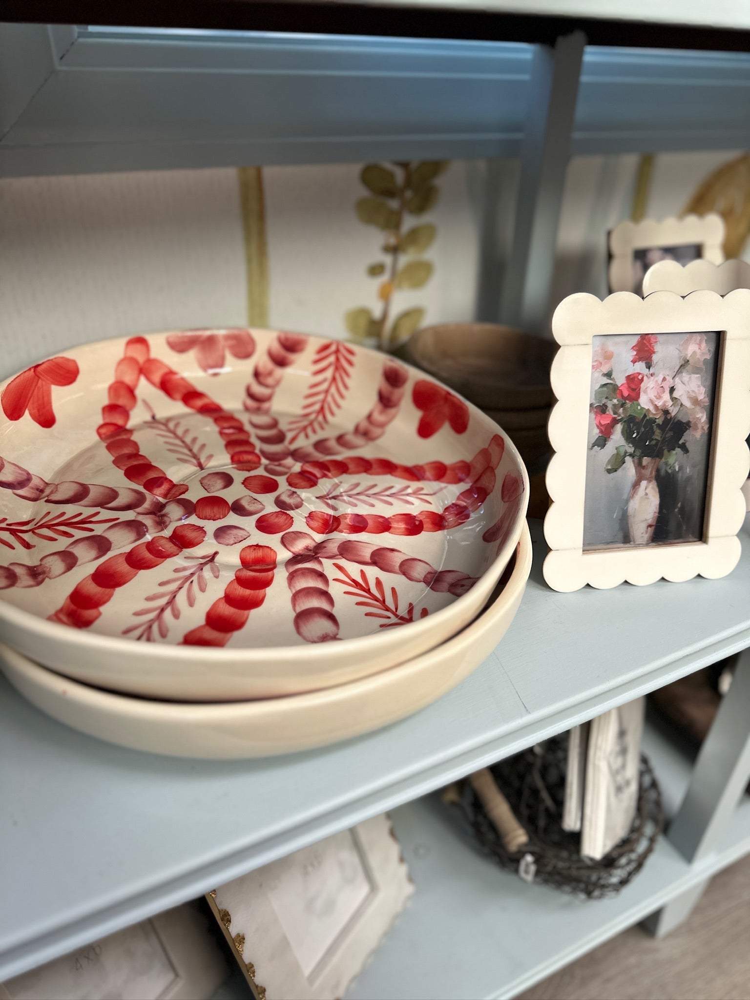 Hand-Painted Stoneware Serving Bowl with Botanical Design