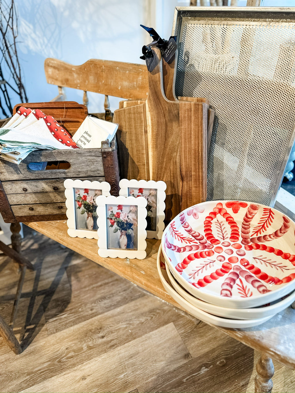Hand-Painted Stoneware Serving Bowl with Botanical Design