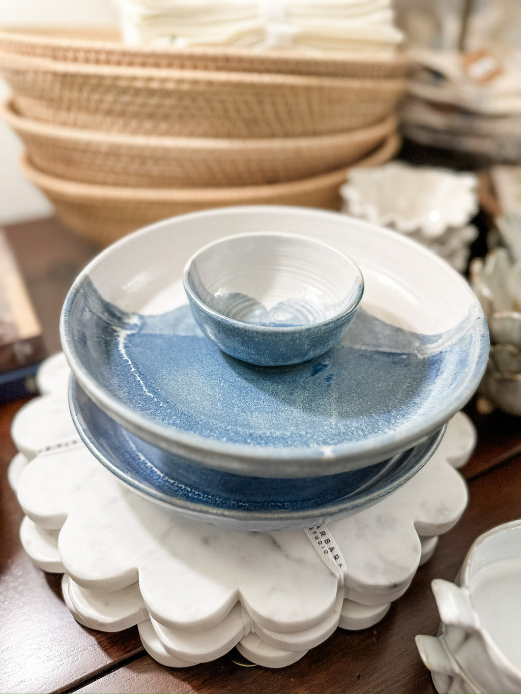 Hand-Painted Stoneware Chip and Dip. Reactive Glaze
