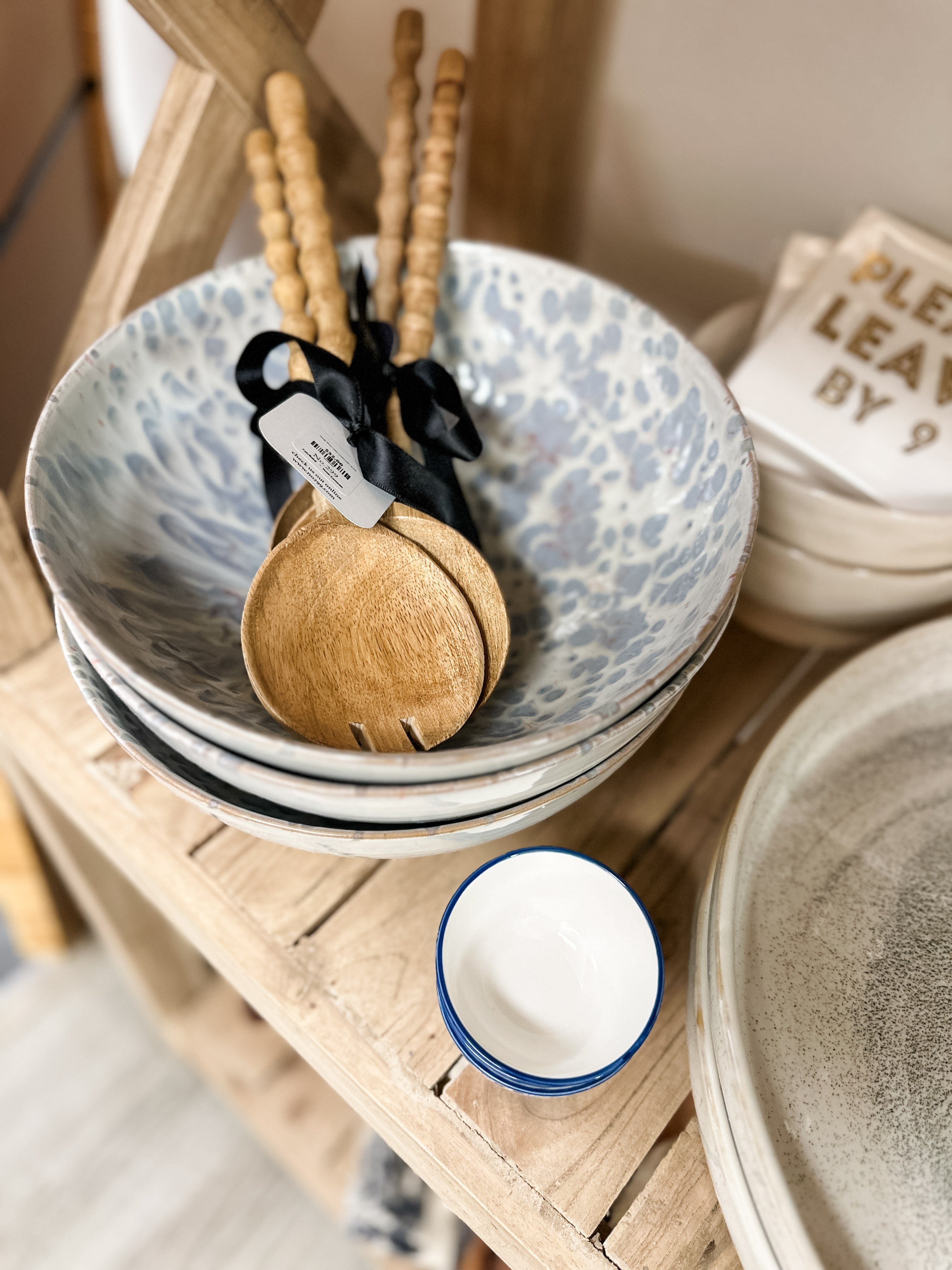 Large stoneware bowl with. blue + white reactive glaze