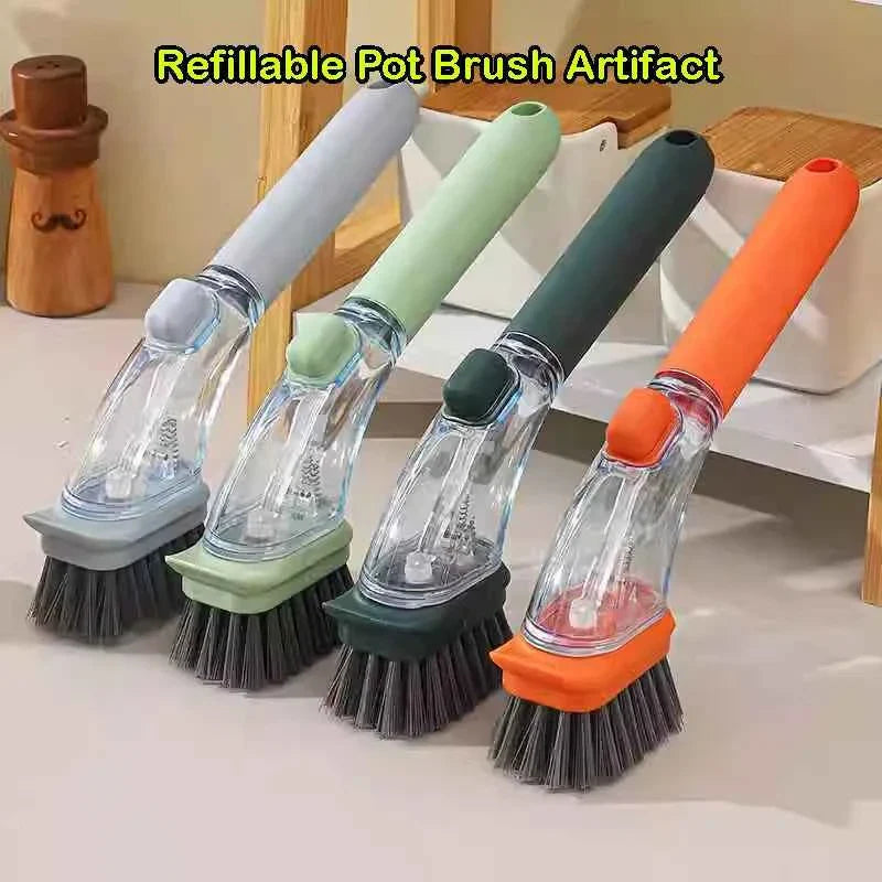 Refillable Kitchen Cleaning Brush with Long Handle Dispenser for Effective Bowl, Pot, and Sponge Scrubbing