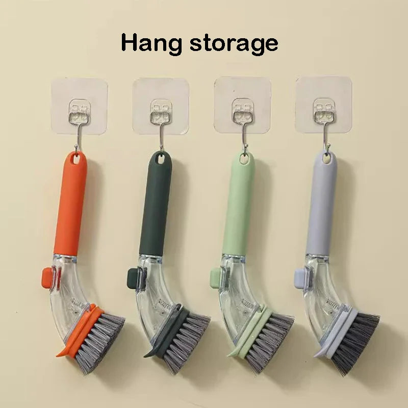 Refillable Kitchen Cleaning Brush with Long Handle Dispenser for Effective Bowl, Pot, and Sponge Scrubbing
