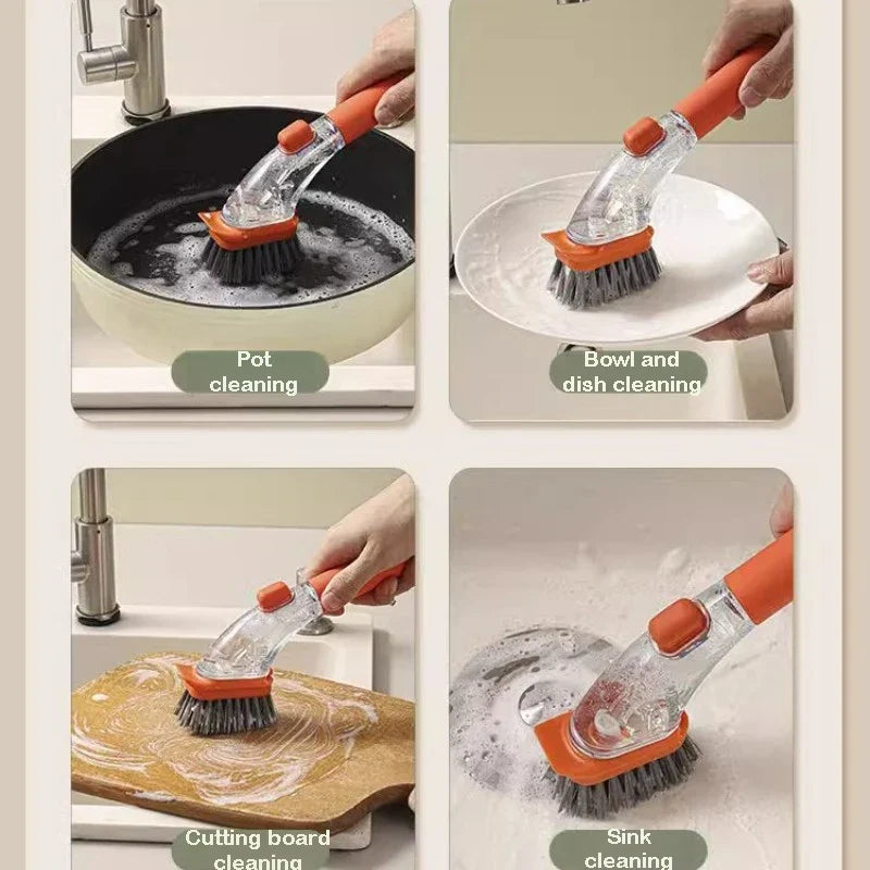 Refillable Kitchen Cleaning Brush with Long Handle Dispenser for Effective Bowl, Pot, and Sponge Scrubbing