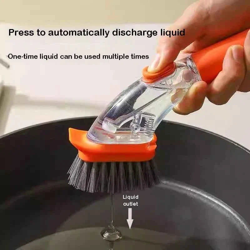 Refillable Kitchen Cleaning Brush with Long Handle Dispenser for Effective Bowl, Pot, and Sponge Scrubbing
