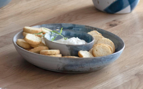 Hand-Painted Stoneware Chip and Dip. Reactive Glaze