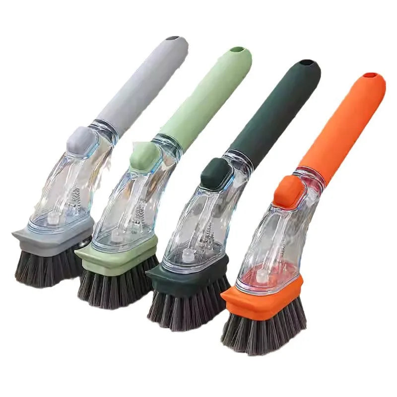 Refillable Kitchen Cleaning Brush with Long Handle Dispenser for Effective Bowl, Pot, and Sponge Scrubbing