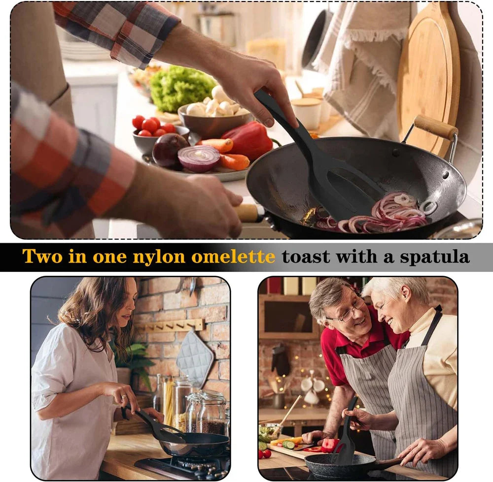 2 in 1 Spatula Tongs for Easy Cooking - Non-Stick Nylon Egg Flipper, Pancake, Fish, French Toast, and Omelet Tool