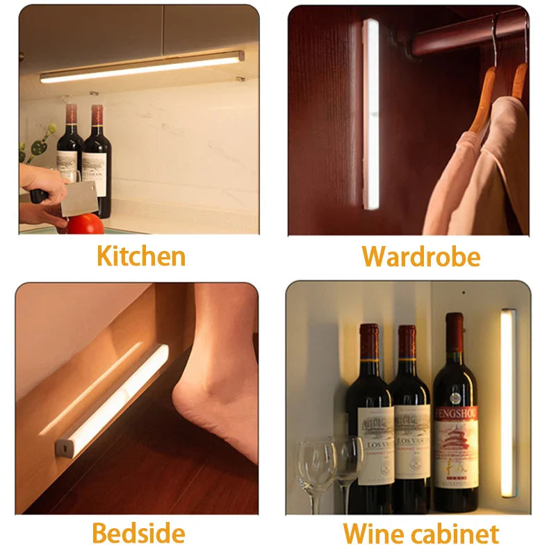 Motion Sensor LED Night Light - Wireless Rechargeable Type C Cabinet and Wardrobe Lamp for Kitchen Staircase Backlight