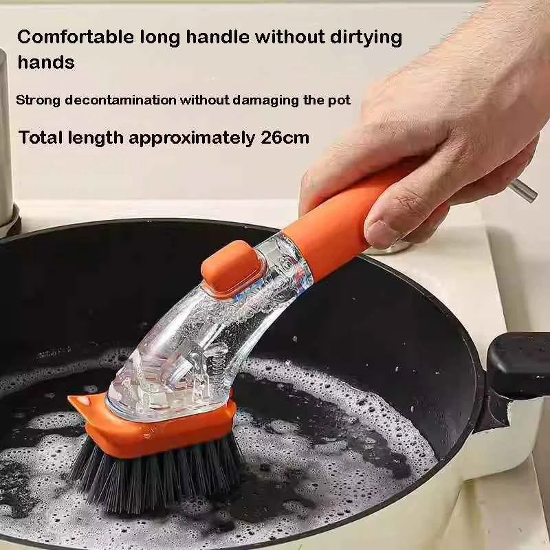 Refillable Kitchen Cleaning Brush with Long Handle Dispenser for Effective Bowl, Pot, and Sponge Scrubbing