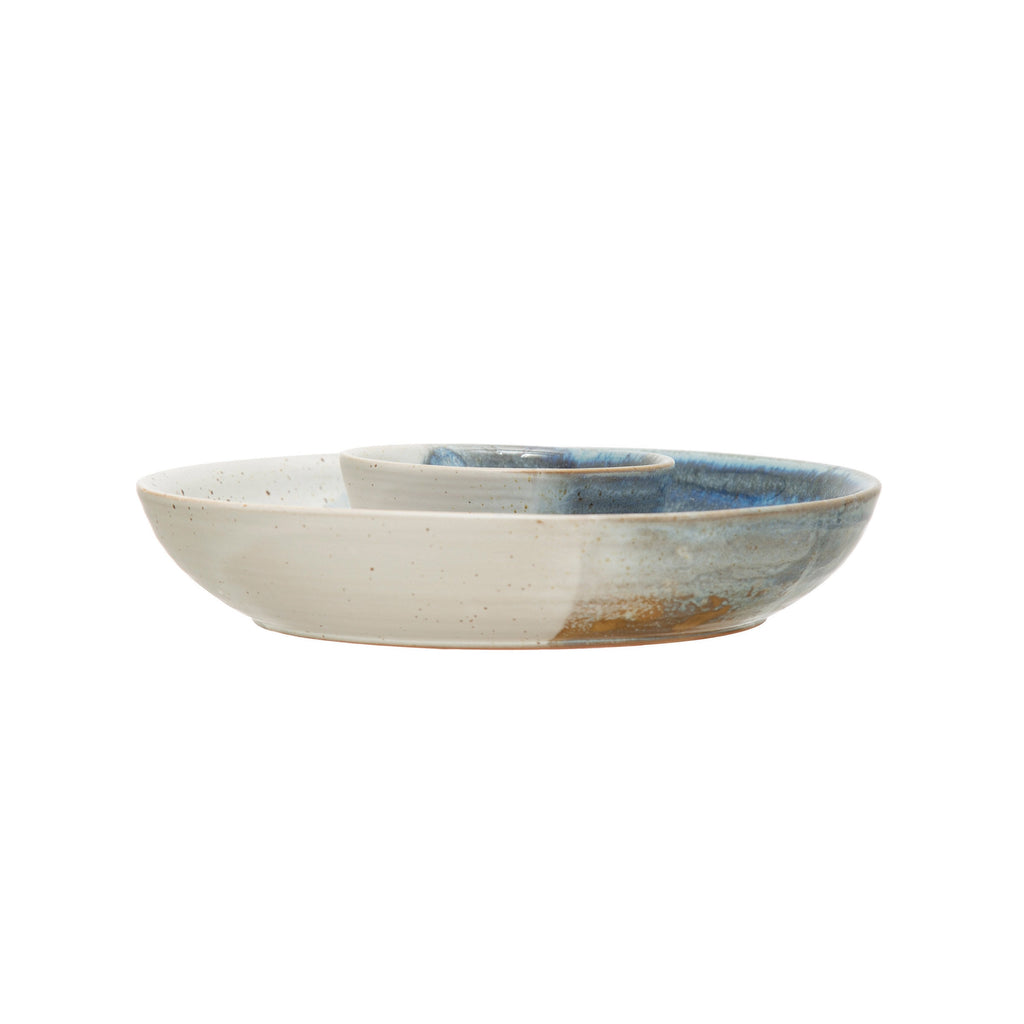 Hand-Painted Stoneware Chip and Dip. Reactive Glaze